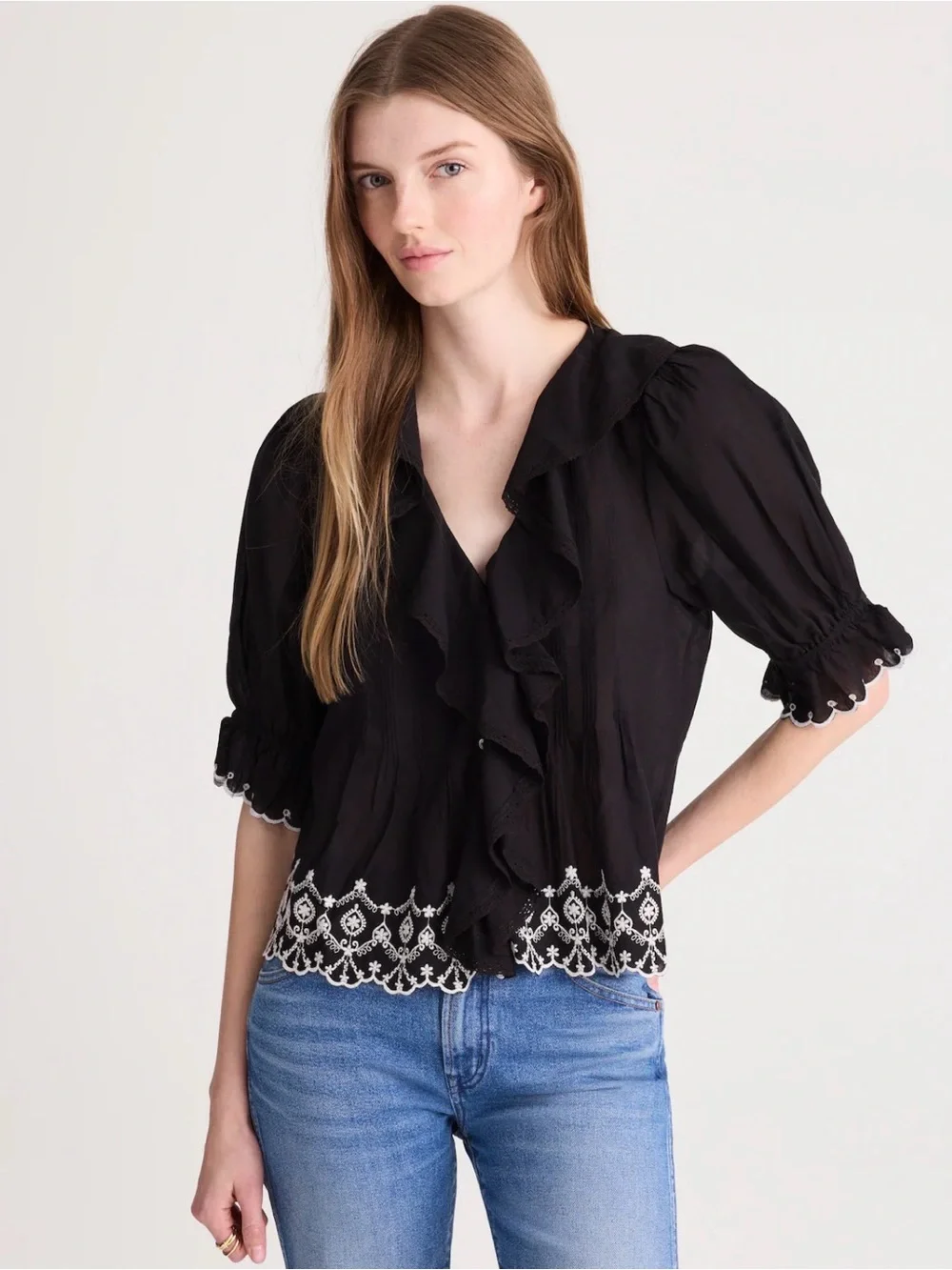 Madewell The Blaire Top Jet Black Embroidered Ruffle Blouse Size M NWT